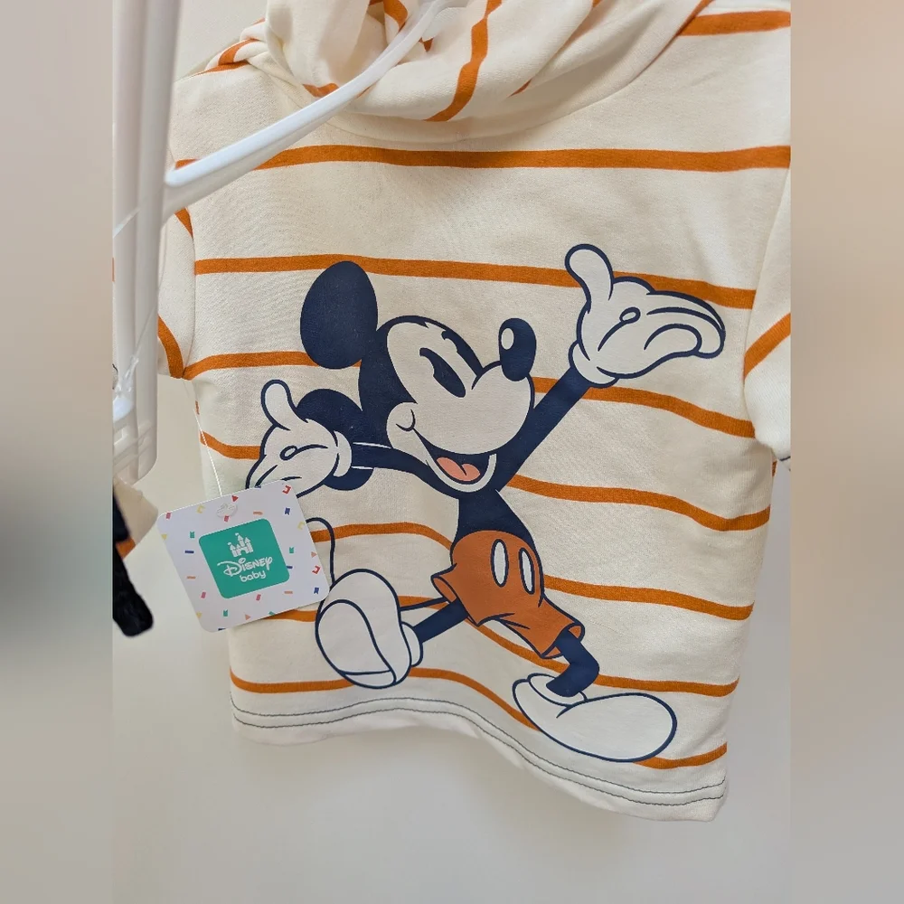 NWT Disney Baby Cream Striped Two Piece Shirt Hoodie And Shorts Size 12 Months
